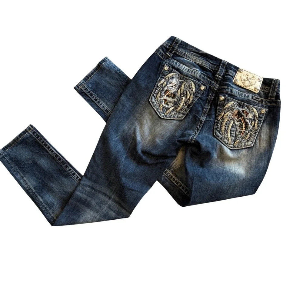 Miss Me Easy Skinny Jeans Mid Rise Dark Wash Wing Pocket Size 27 Bling Cowgirl